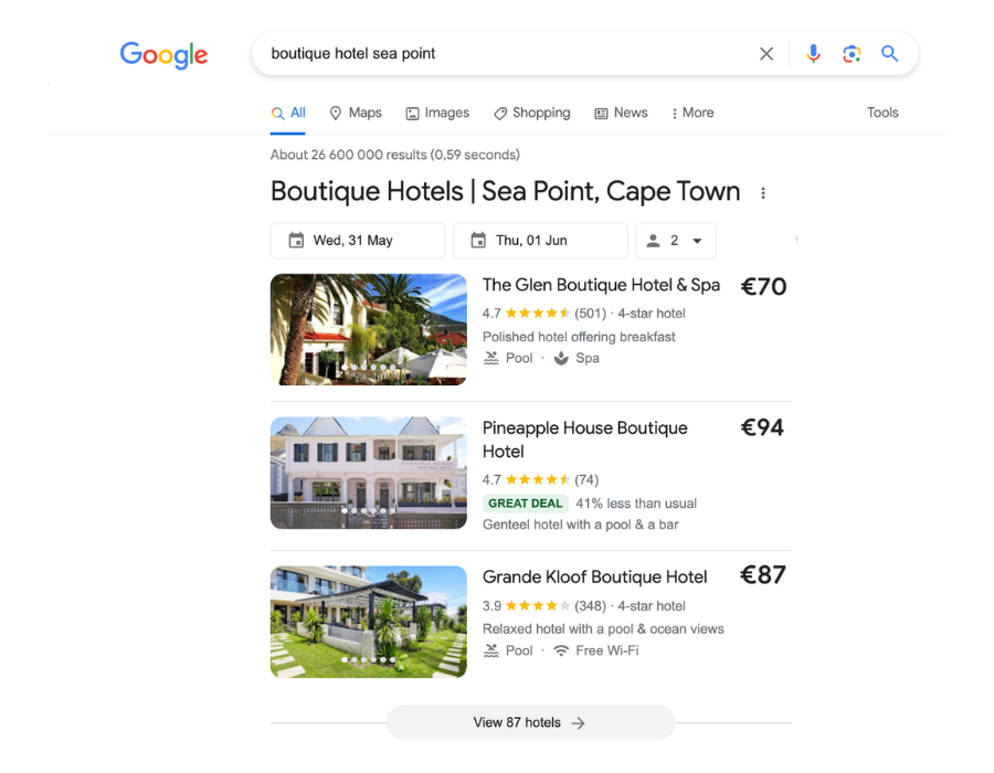 Boutique Hotel in Sea Point Google Search | Google Hotel Ads